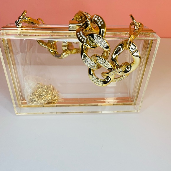Crystal Chunky Chain Gold/Clear Box Clutch Handbag - Picture 5 of 7